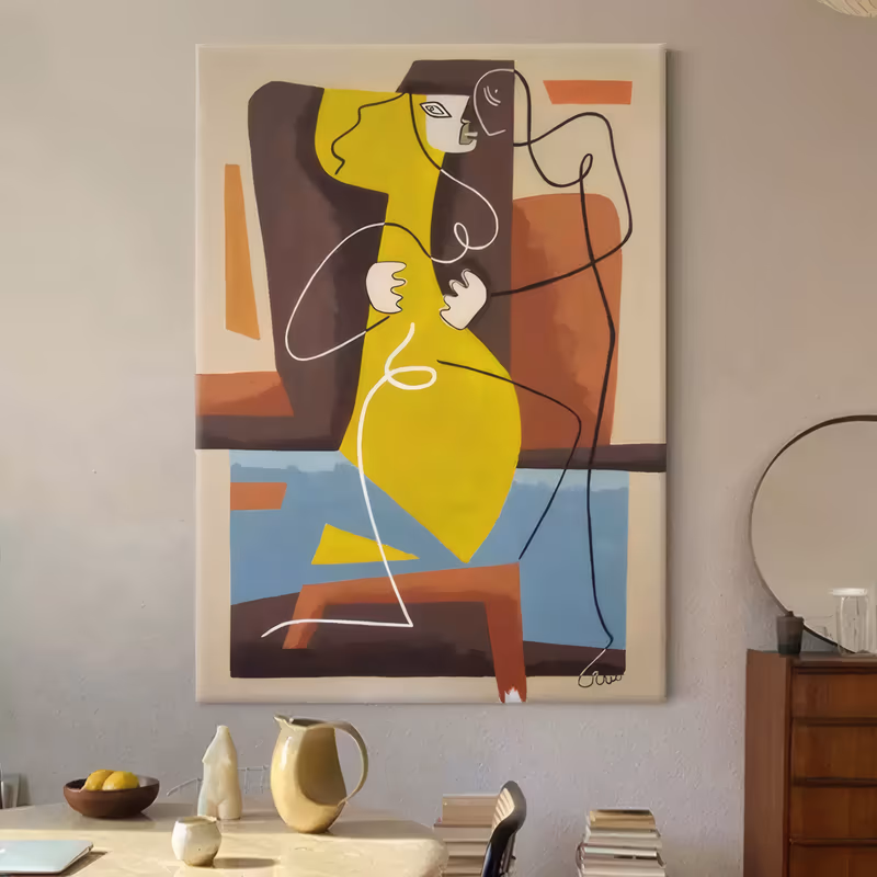 a large vertical cubist figurative painting of a seated woman in a bright yellow dress in a brown armchair, drawn with single black and white outlines over terracotta and dusty blue blocks, in flat matte acrylic