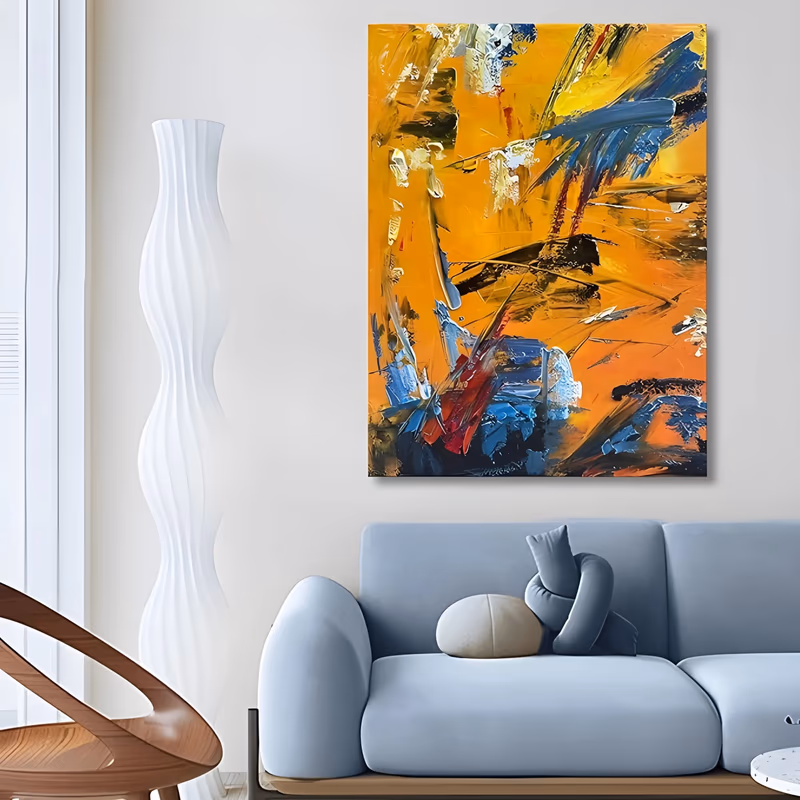 a large vertical abstract painting of a warm amber orange field cut by sweeping blue, black and white knife strokes that gather at the lower center and upper right, in thick impasto oil