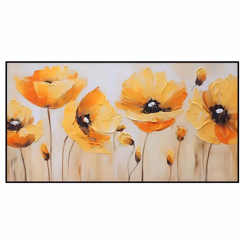 a wide horizontal floral painting of four large golden yellow poppies with black and white centers standing on thin stems, small closed buds between them, on a soft cream and beige ground, in palette-knife oil
