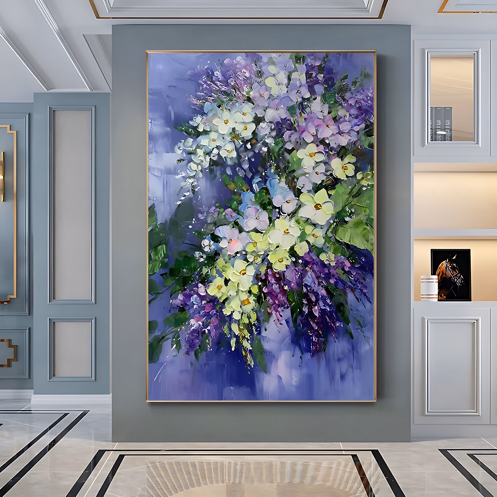 a large vertical palette-knife painting of a full bouquet of white, cream-yellow and purple blossoms with green leaves, arranged on a diagonal over a soft lavender and periwinkle ground, in thick oil