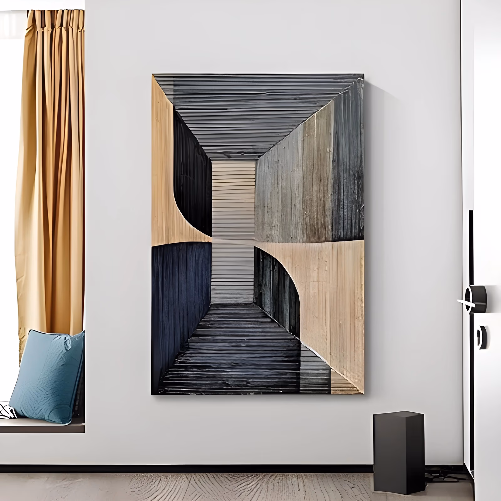 a large vertical abstract painting of ribbed geometric panels in beige, black, gray and navy that fold inward to a receding tunnel, built in sculpted relief with combed ridges catching the light