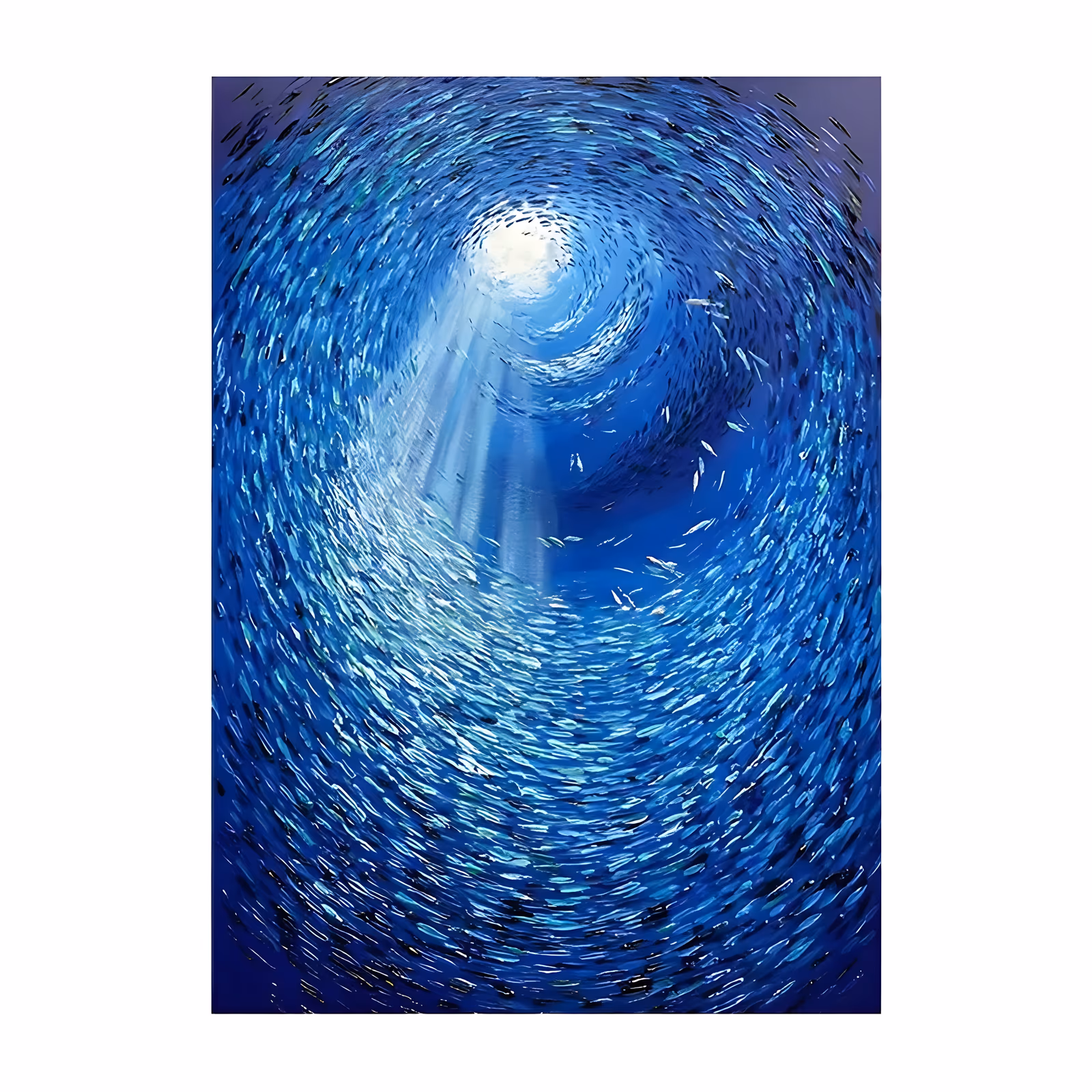 a large vertical seascape painting of a dense shoal of small silver and turquoise fish spiraling into a vortex around a shaft of sunlight at the top center, on a deep cobalt blue ground, in thick paint