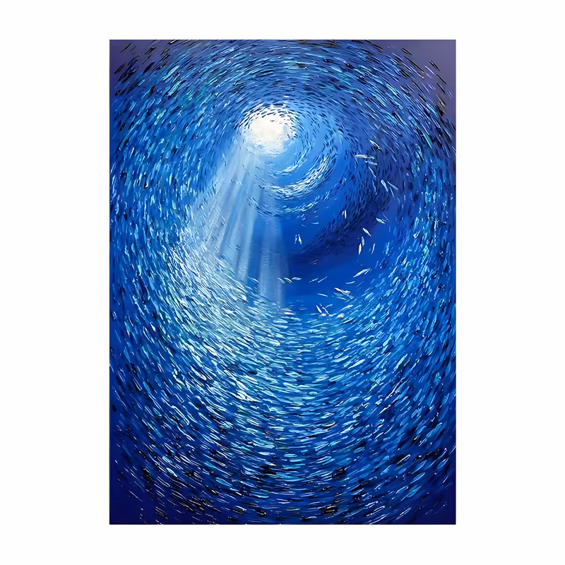 a large vertical seascape painting of a dense shoal of small silver and turquoise fish spiraling into a vortex around a shaft of sunlight at the top center, on a deep cobalt blue ground, in thick paint