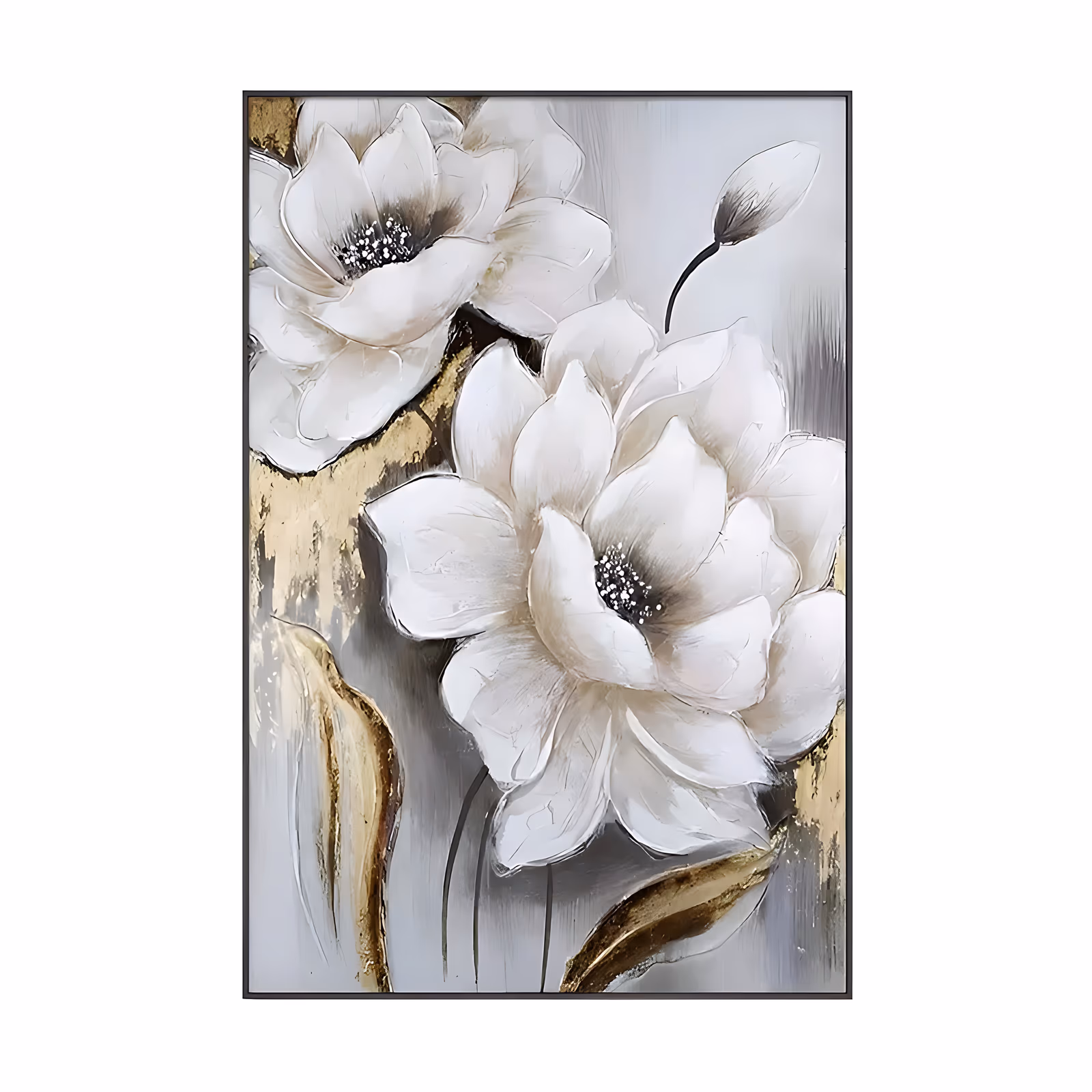 a large vertical floral painting of two white magnolia blooms with dark glittered centers, one upper left and one lower right, among gold-edged leaves on a gray ground in heavy impasto