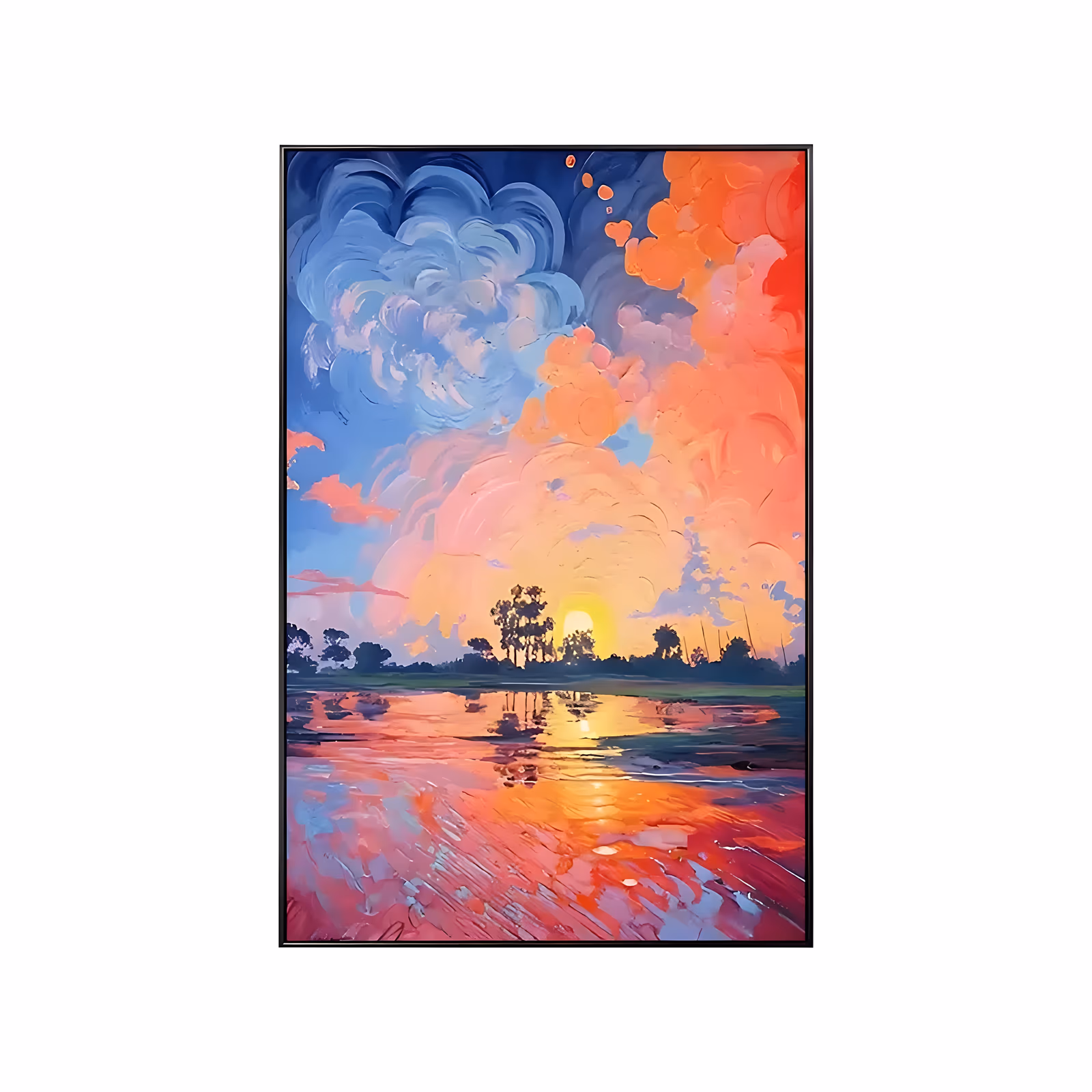 a large vertical impressionist painting of swirling coral pink, orange, and blue sunset clouds above a lake, with a low yellow sun and dark tree silhouettes on the far shore mirrored in the water, in thick paint