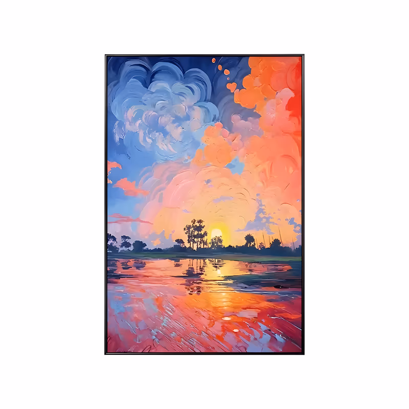 a large vertical impressionist painting of swirling coral pink, orange, and blue sunset clouds above a lake, with a low yellow sun and dark tree silhouettes on the far shore mirrored in the water, in thick paint