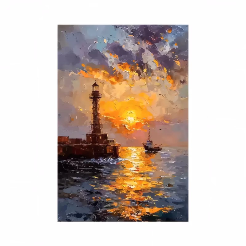 a large vertical palette-knife painting of a dark lighthouse on a stone pier at sunset, a small fishing boat to its right and a gold sun reflected in long broken strokes on choppy grey water, in heavy loaded paint