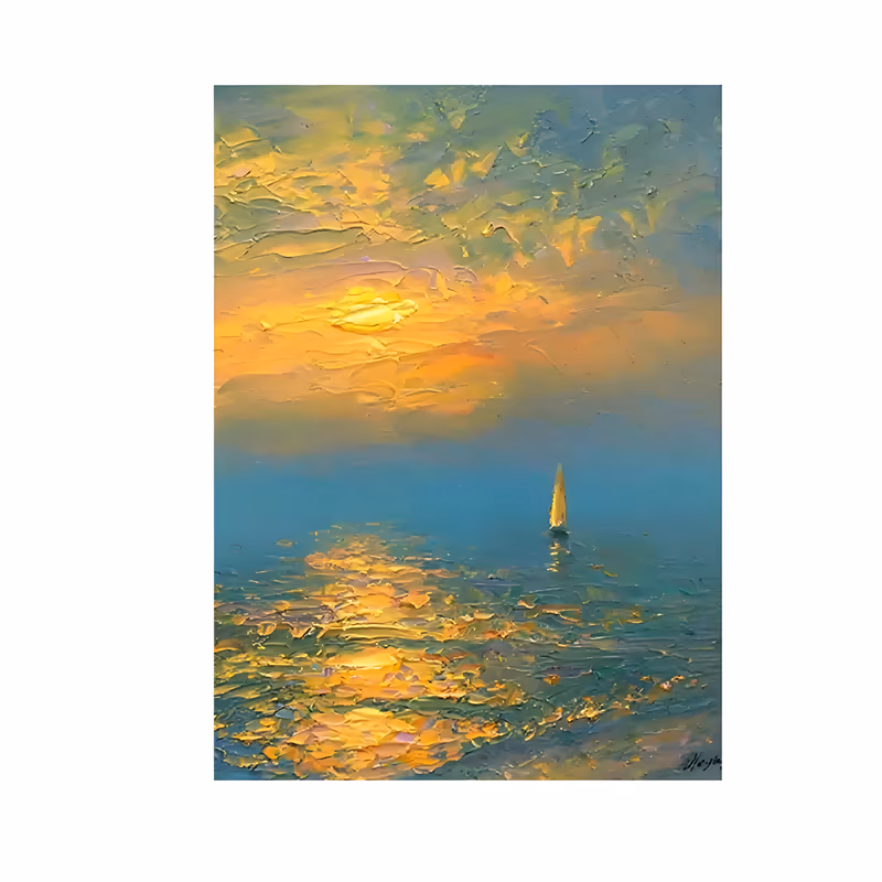 a large vertical impressionist seascape painting of a single small sailboat on teal water at right, a gold sun low in a green-gold sky and a broad path of gold light on the sea below, in heavy impasto knife work