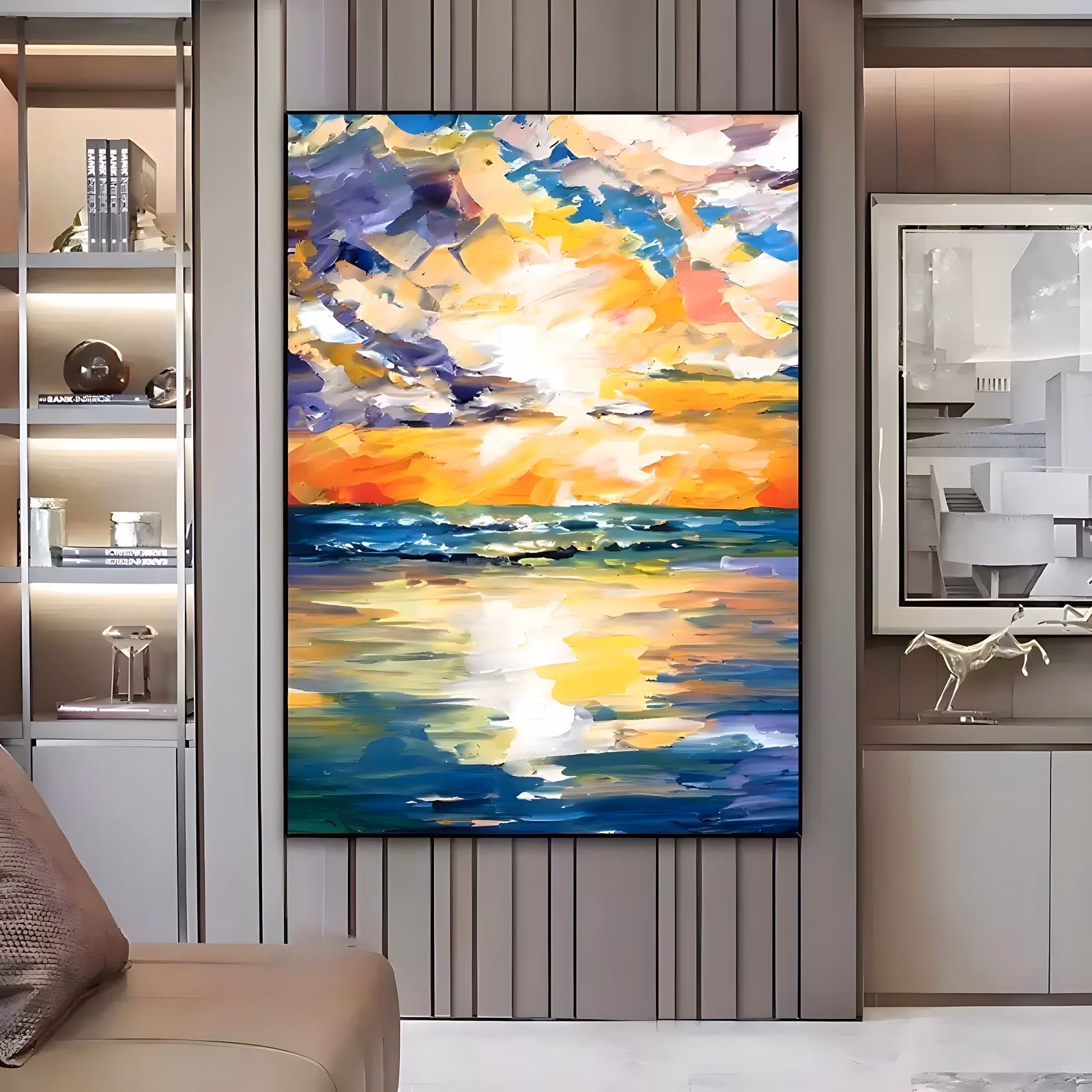 a large vertical impressionist painting of a blazing sunset, orange and gold clouds banked against violet and white above a teal sea, the light reflected in broad slabs of palette-knife oil