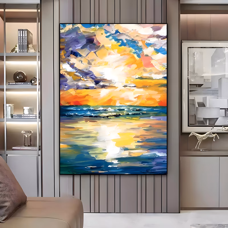 a large vertical impressionist painting of a blazing sunset, orange and gold clouds banked against violet and white above a teal sea, the light reflected in broad slabs of palette-knife oil