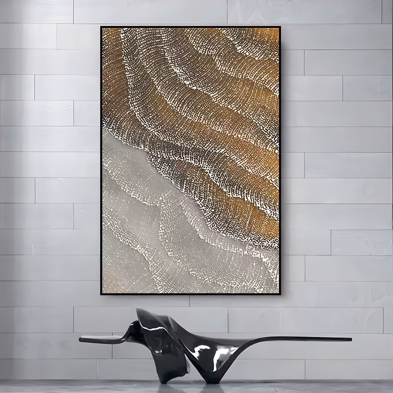a large vertical textured abstract wall art of finely combed ridged arcs sweeping from gold and bronze at the top into cool gray and white below, worked in raised plaster relief