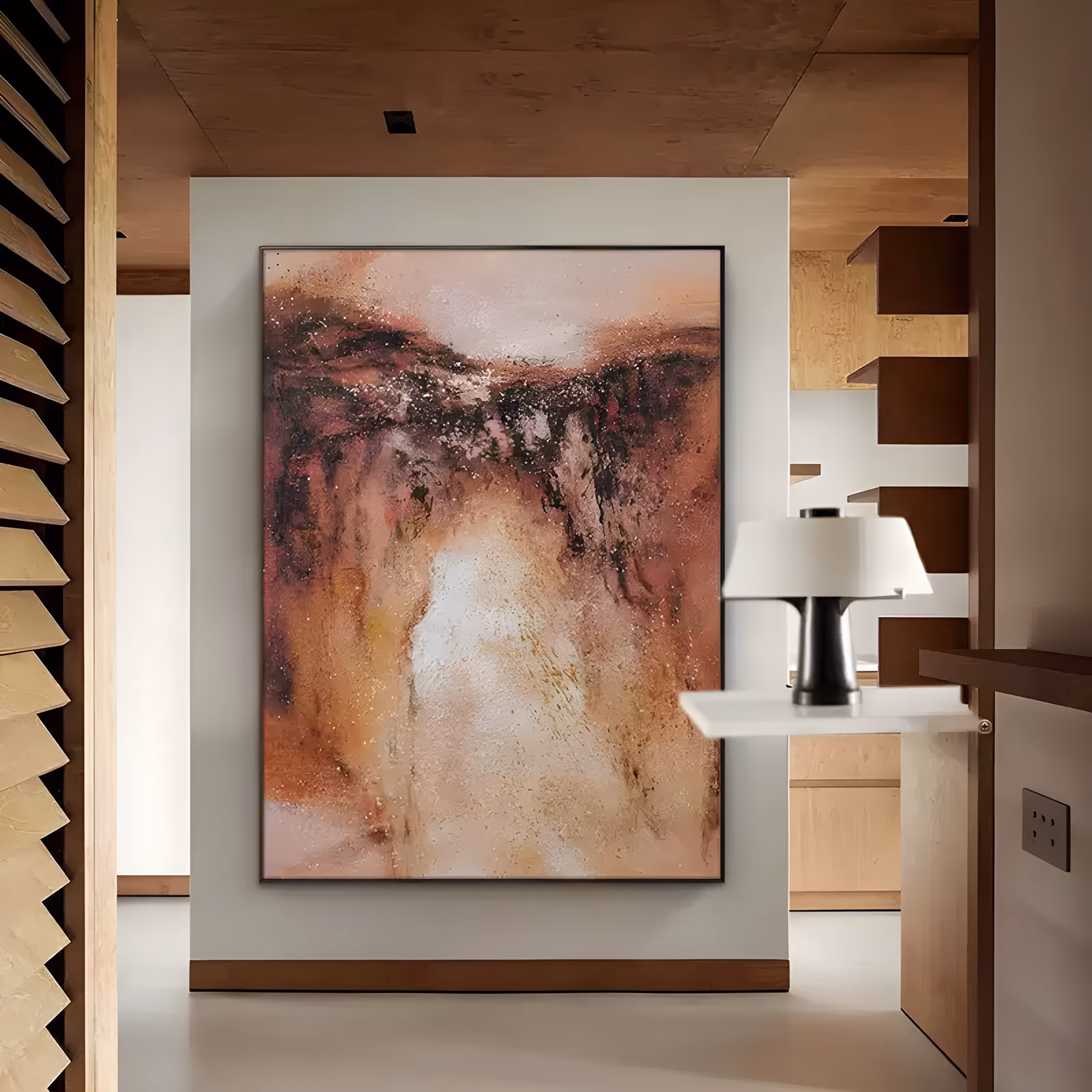 a large vertical abstract painting of hazy terracotta, rust and dusty pink clouds with a dark speckled band running above a glowing cream center, in soft-edged oil