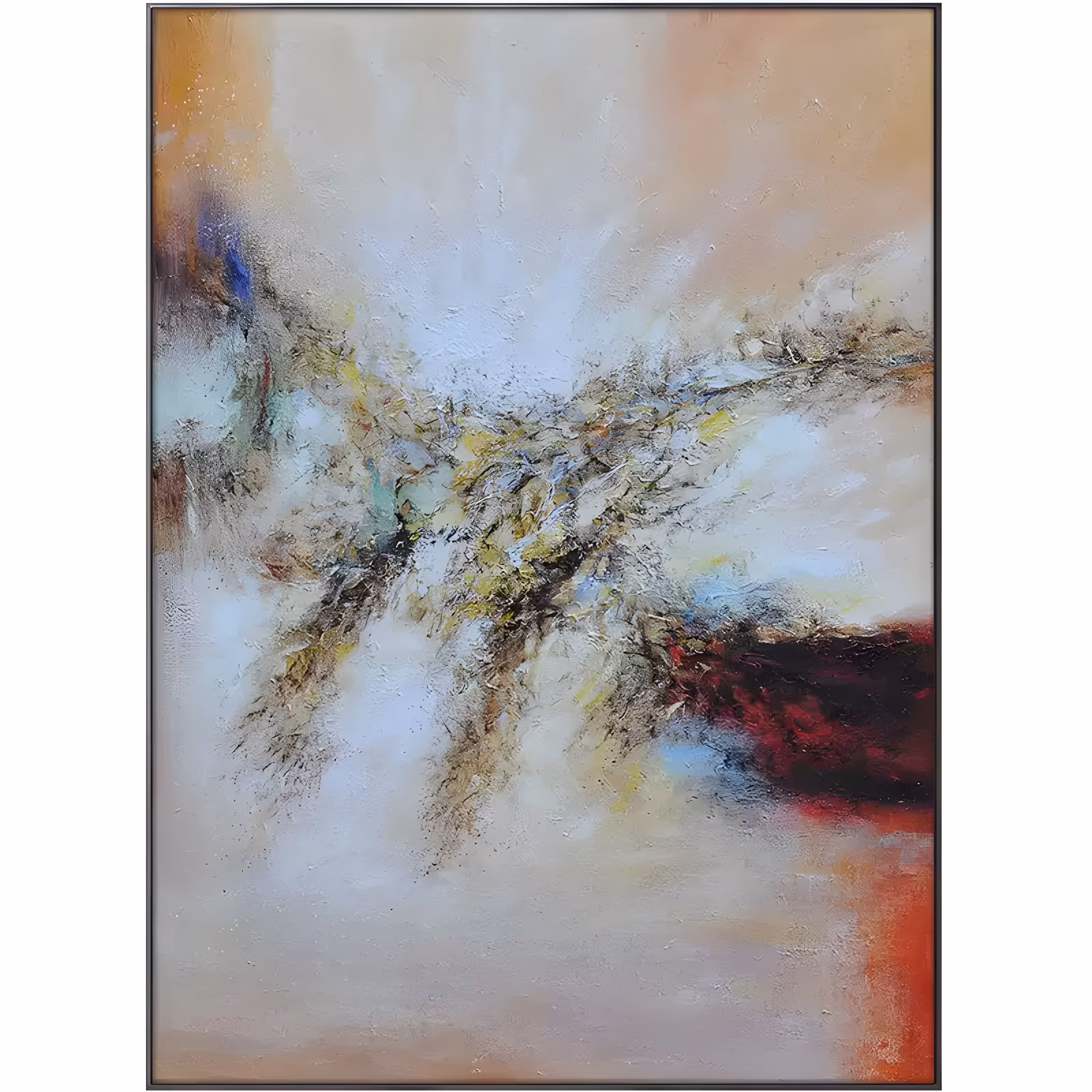 a large vertical abstract painting with a diagonal burst of ochre, olive and gold texture through a soft cream and beige field, a dark crimson patch at the lower right and orange at the bottom edge, in thick oil