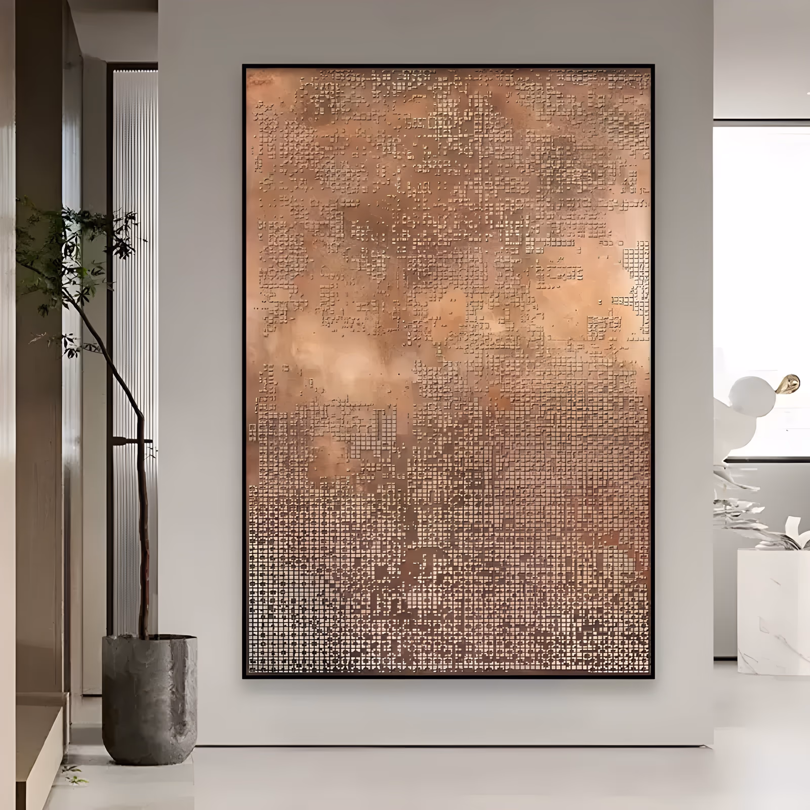 a large vertical textured canvas of a copper and bronze field covered in a raised grid of tiny squares, cloudy and sparse at the top and packed dense toward the bottom, in sculpted relief with a metallic sheen