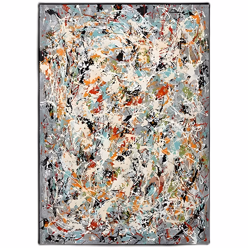 a large vertical abstract painting of dense flung drip lines in cream, teal, orange, red and black over a soft gray ground, the tangled strands layered into an all-over web with no center, in flicked acrylic