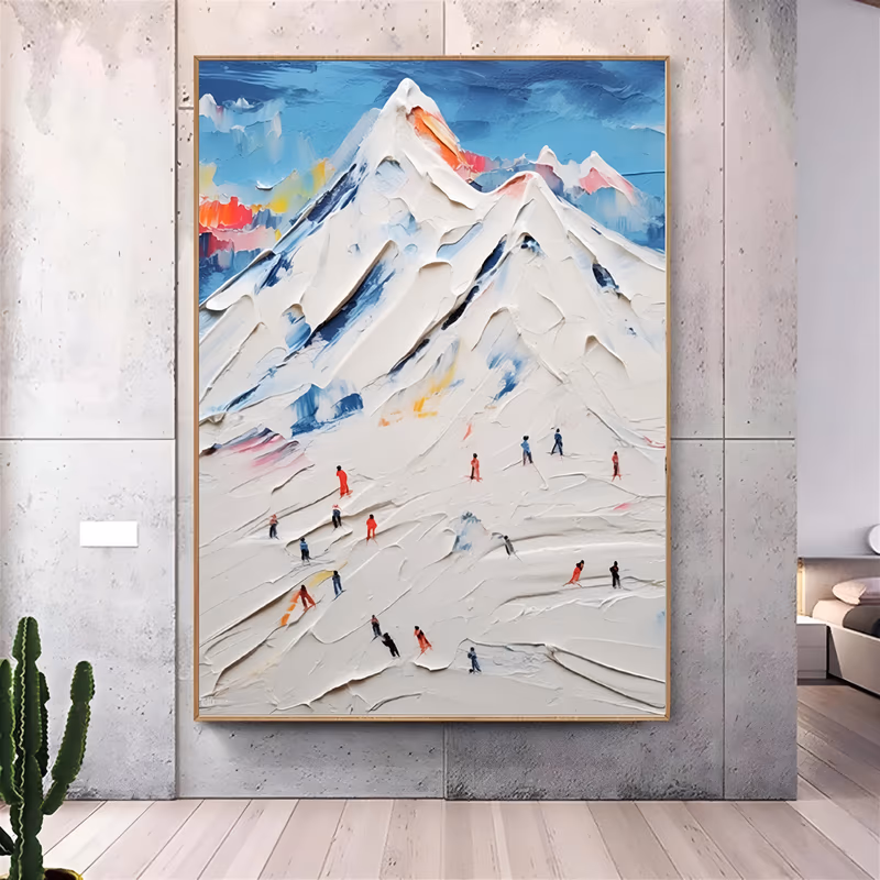 a large vertical impasto painting of a white snow mountain built from thick knife-laid ridges, dotted with tiny skiers in red, blue and black tracing lines down the slope under a blue sky of pink and orange clouds
