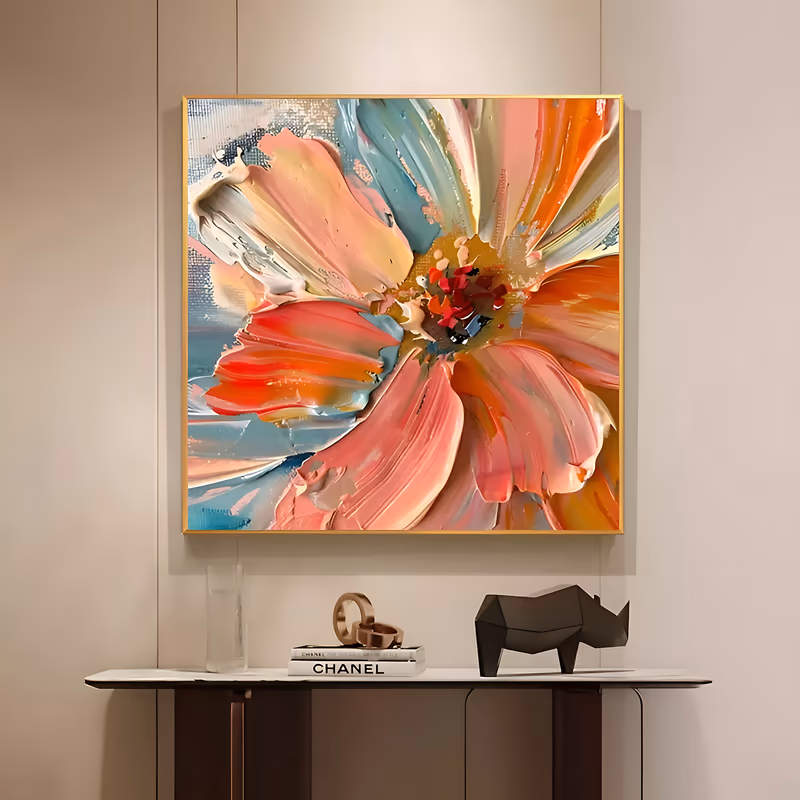a large square textured painting of a single open bloom filling the frame, its coral, peach and orange petals radiating from a gold and red center over soft teal shadows, in heavy impasto