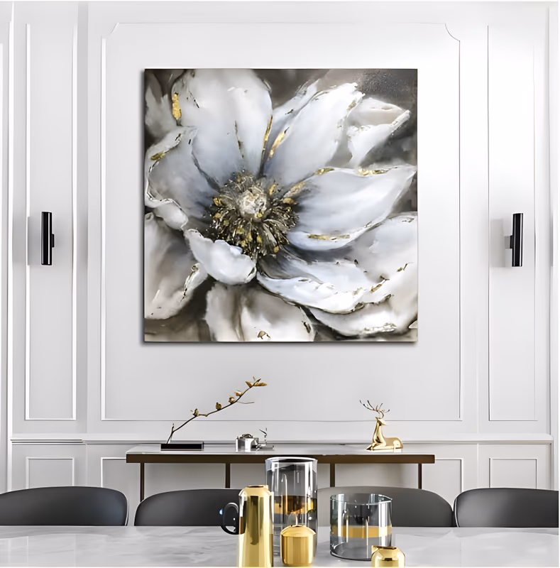 a large square floral painting of a single white peony filling the frame, its layered petals edged in gold and its dark center flecked with gold, on a soft gray and brown ground in oil