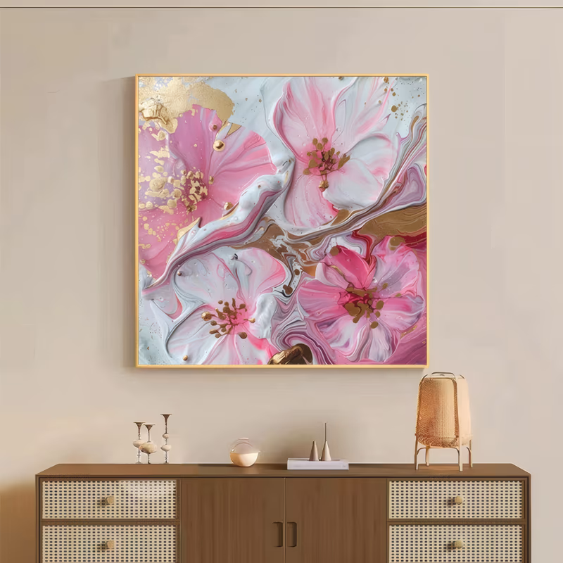 a square abstract floral painting of four wide pink and white blooms with speckled gold centers, set on a marbled ground of swirling white, rose and metallic gold acrylic