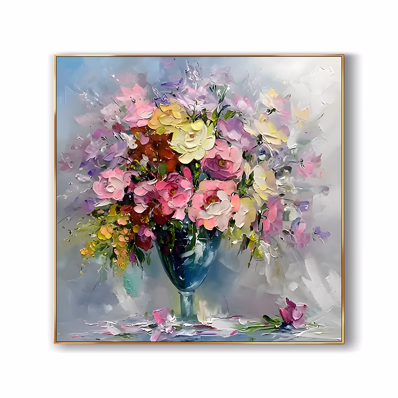 a square impressionist still life painting of a loose bouquet of pink, lilac, yellow and red blooms in a deep teal goblet vase, set on a pale gray table with fallen petals, in soft knife-worked oil