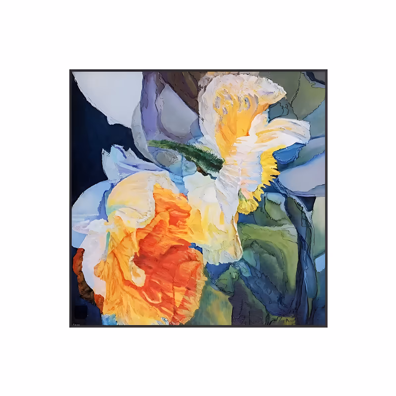 a large square floral painting of two open iris-like blooms in white, gold and orange, one at the upper right and one at the lower left, over faceted dark blue, teal and green shapes, in ridged palette-knife oil