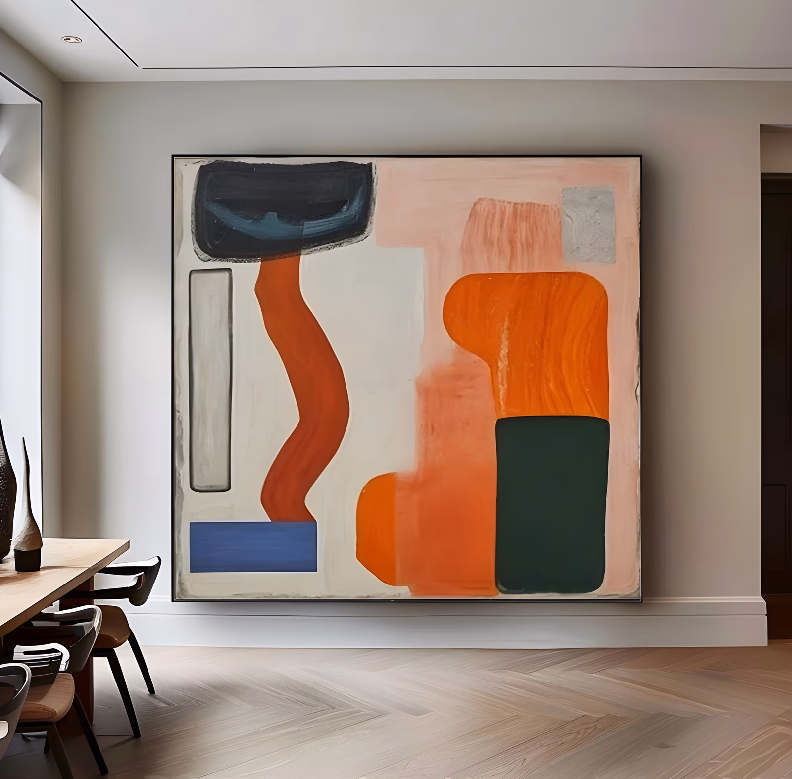 a large square abstract painting of flat organic shapes, a dark teal cap and rust ribbon at left, a blue rectangle below, an orange block above a deep green slab at right, on blush and cream grounds in matte oil