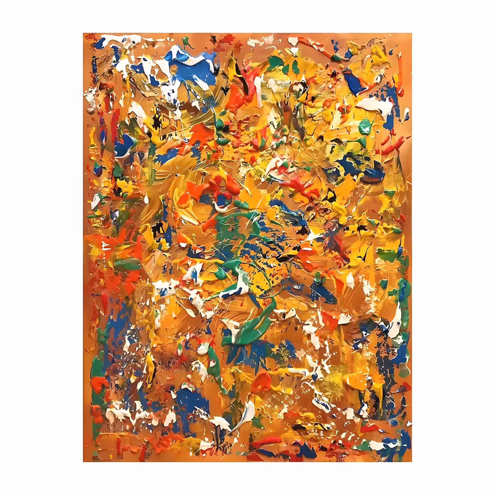 a large vertical abstract painting covered in dense ridged blobs of blue, green, red, white and yellow paint over a warm ochre ground, applied in short thick strokes that stand off the surface in heavy impasto