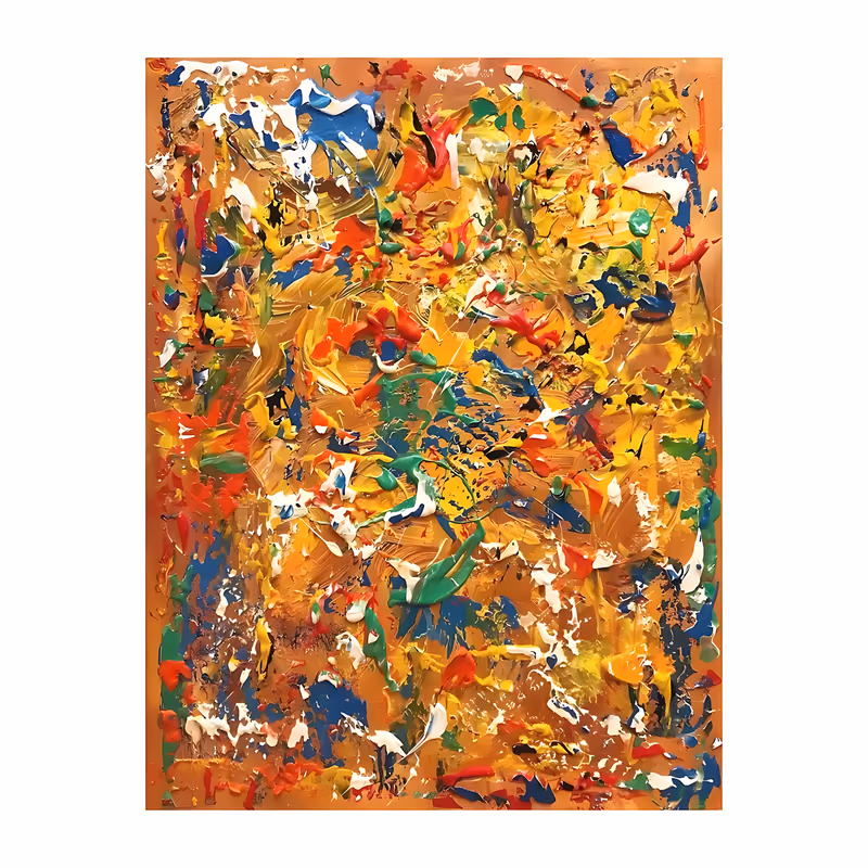 a large vertical abstract painting covered in dense ridged blobs of blue, green, red, white and yellow paint over a warm ochre ground, applied in short thick strokes that stand off the surface in heavy impasto