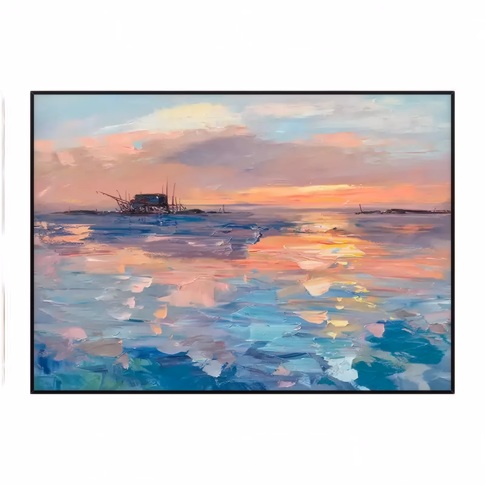 a horizontal impressionist painting of a pink and gold sunset over calm water, a small stilt fishing hut silhouetted on the left horizon, with turquoise and lilac reflections broken into flat knife strokes