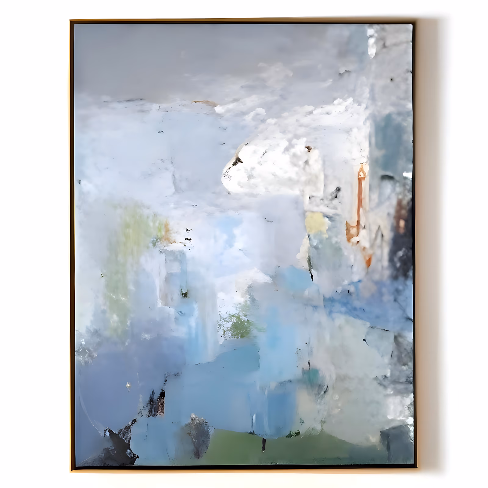 a large vertical abstract painting of soft blue and gray blocks under a pale sky, with crusty white plaster patches at the right and green and rust accents, built in dry brushed acrylic and thick plaster relief