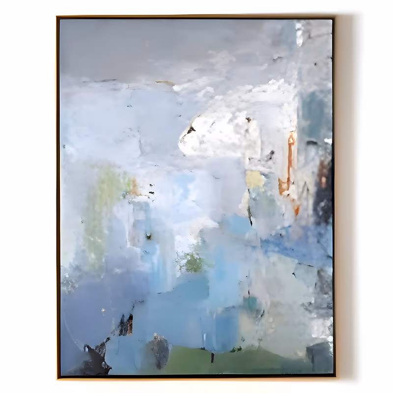 a large vertical abstract painting of soft blue and gray blocks under a pale sky, with crusty white plaster patches at the right and green and rust accents, built in dry brushed acrylic and thick plaster relief