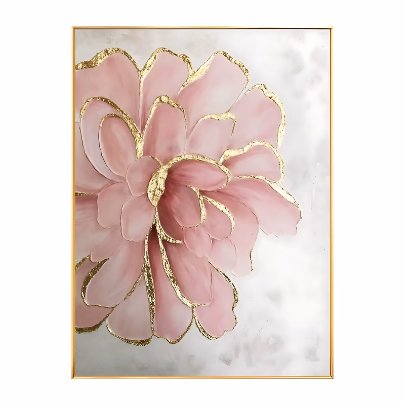 a large vertical relief painting of one oversized blush pink peony filling the left of the frame, its petal edges outlined in raised gold leaf, on a white-gray plaster ground, hand-painted