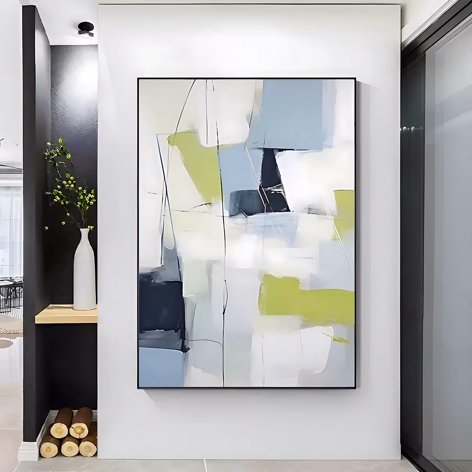 a large vertical minimalist abstract painting of stacked lime green, pale blue, navy and off-white blocks with thin scratched pencil lines running between them, in flat hand-painted oil