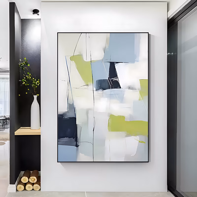 a large vertical minimalist abstract painting of stacked lime green, pale blue, navy and off-white blocks with thin scratched pencil lines running between them, in flat hand-painted oil