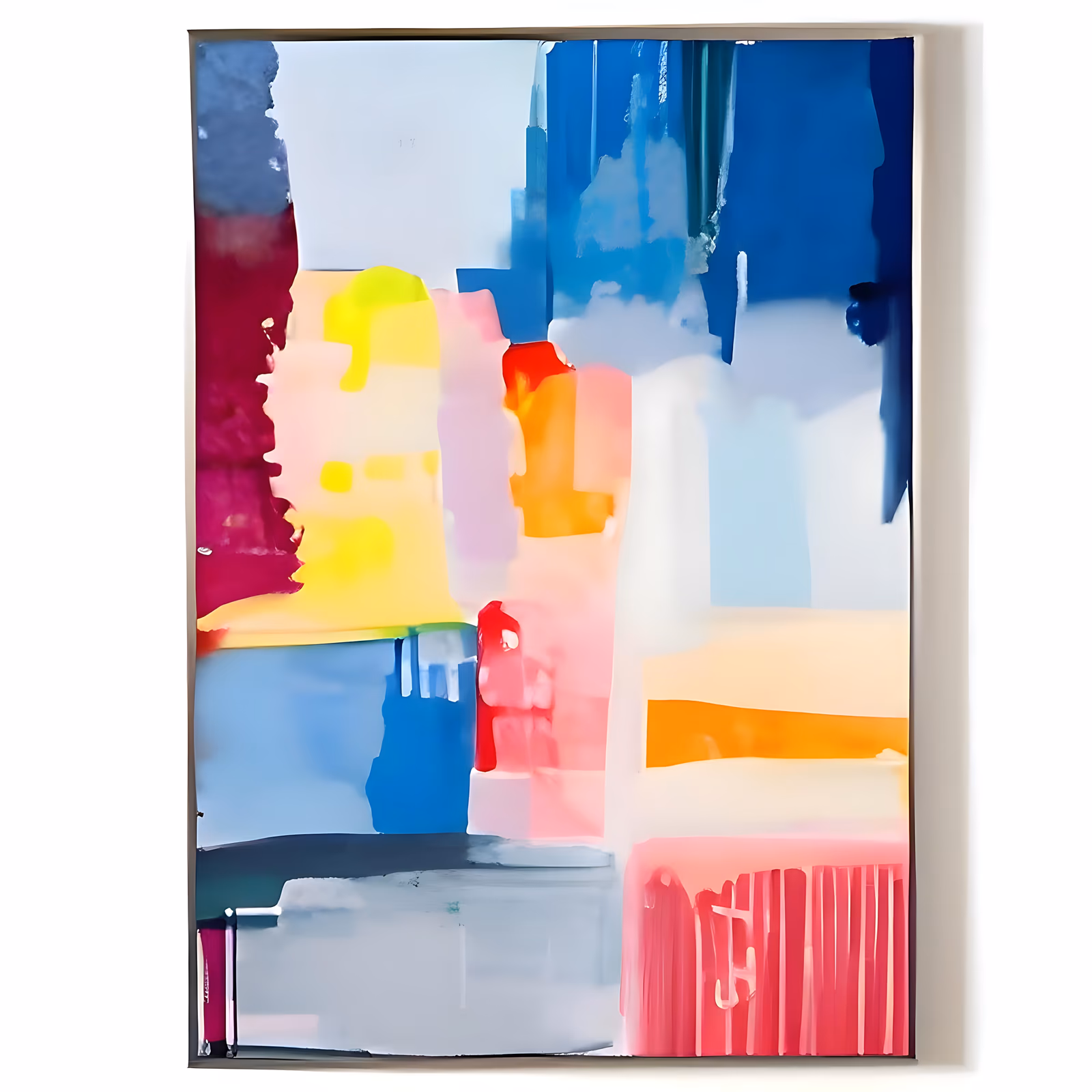 a large vertical abstract painting of translucent color blocks stacked over the canvas in cobalt blue, magenta, hot pink, yellow and orange against pale gray, in thin washed acrylic with soft edges