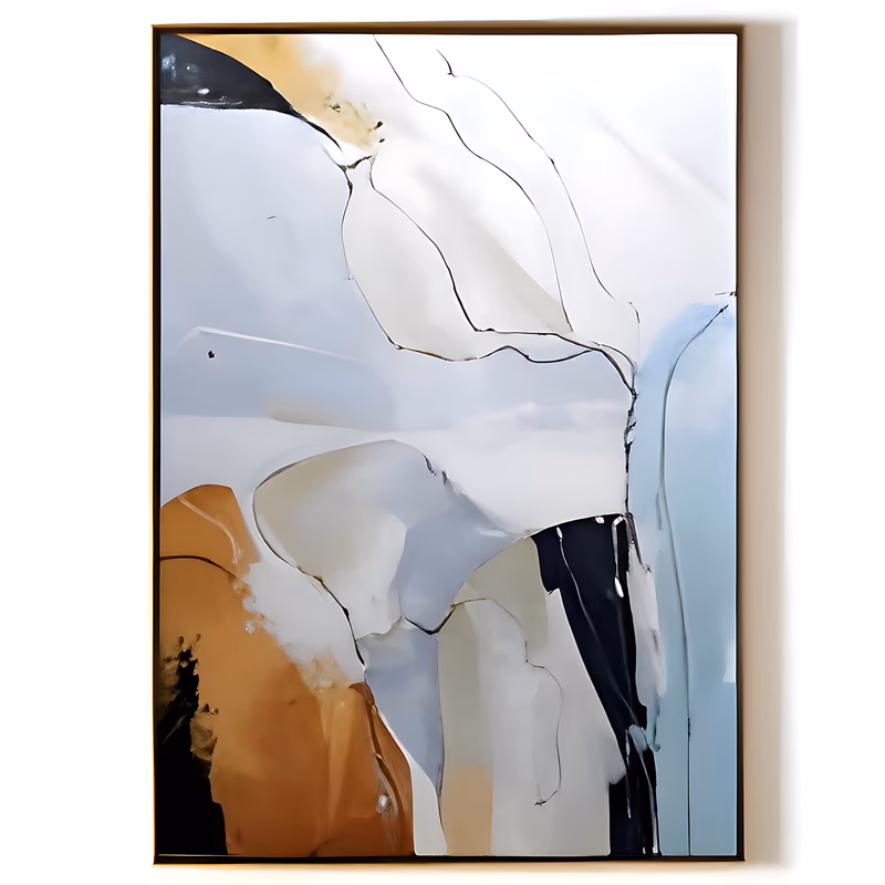 a large vertical abstract painting of fluid white and pale gray forms edged with thin black lines, a burnt terracotta block at the lower left, deep navy and soft sky blue at the right, in smooth acrylic