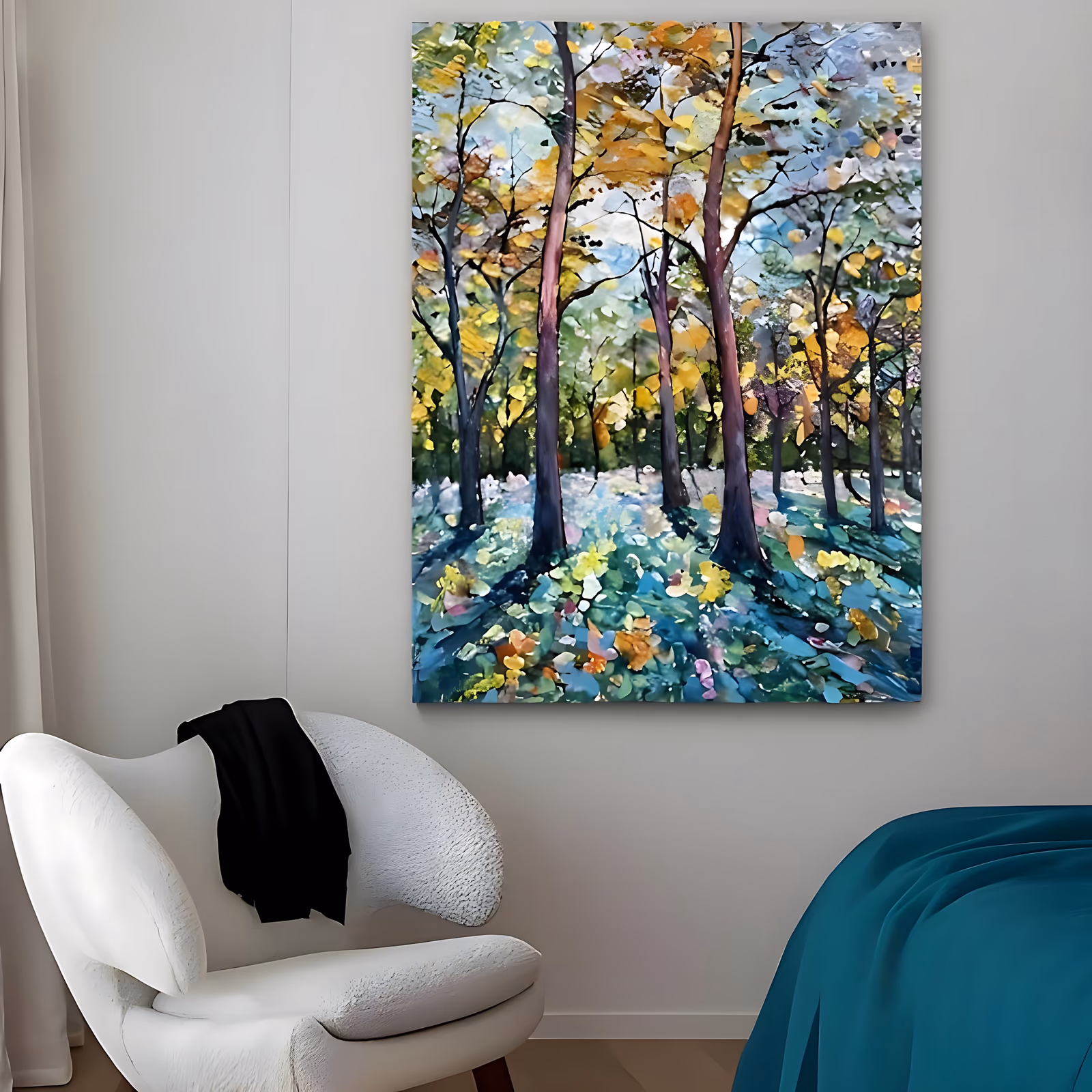 a large vertical impressionist painting of tall slim purple-brown trunks rising through gold and white foliage, with a forest floor of teal, pink and yellow dabs and long blue shadows, in dabbed acrylic