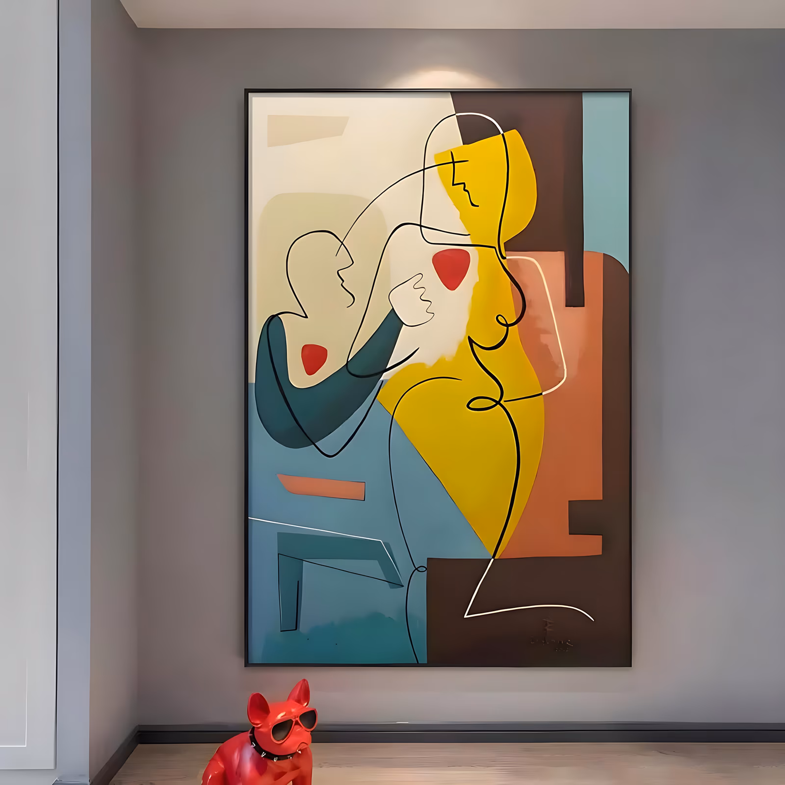 a large vertical cubist painting of two figures drawn in continuous black line, one in yellow leaning into the other, over teal, coral, brown and cream blocks with two red hearts, in flat acrylic