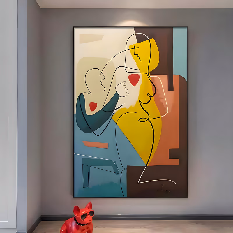 a large vertical cubist painting of two figures drawn in continuous black line, one in yellow leaning into the other, over teal, coral, brown and cream blocks with two red hearts, in flat acrylic