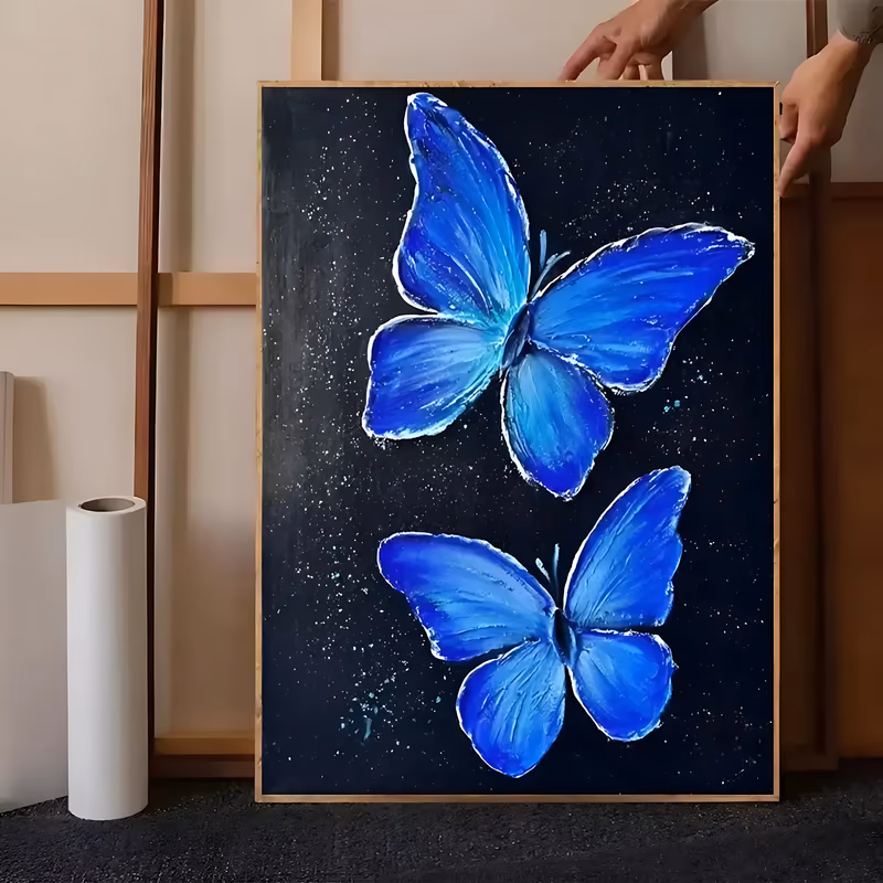 a large vertical impasto painting of two bright electric blue butterflies with white-tipped wings, one in the upper half and one below, on a black ground scattered with pale speckles, in thick oil