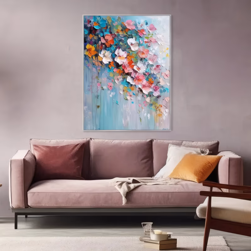 a large vertical abstract floral painting of pink, coral, white and turquoise blossoms clustered in the upper half and trailing down thin stems on a pale blue ground, worked in thick knife-loaded paint