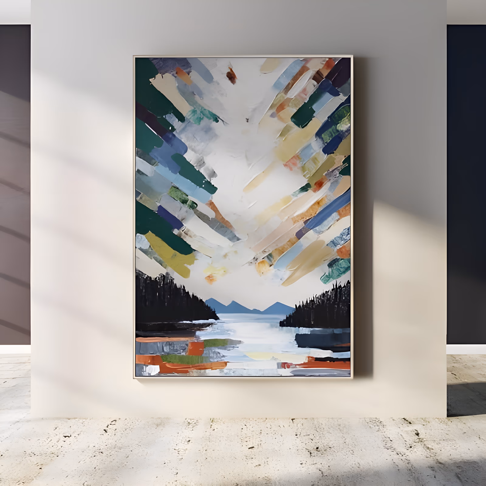 a large vertical impressionist landscape painting of a pale lake between black forested shores and low blue mountains, under a white sky filled with radiating green, blue, beige and rust knife strokes, in thick impasto