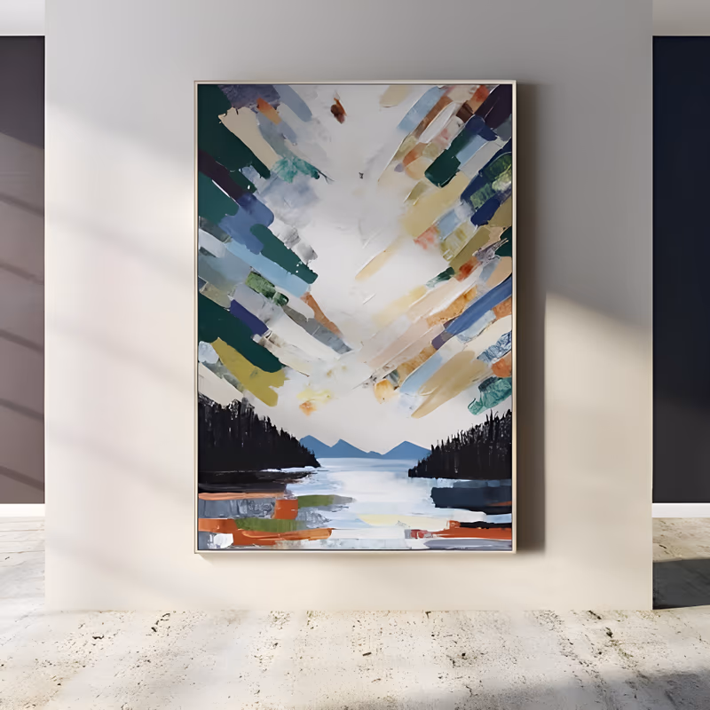 a large vertical impressionist landscape painting of a pale lake between black forested shores and low blue mountains, under a white sky filled with radiating green, blue, beige and rust knife strokes, in thick impasto