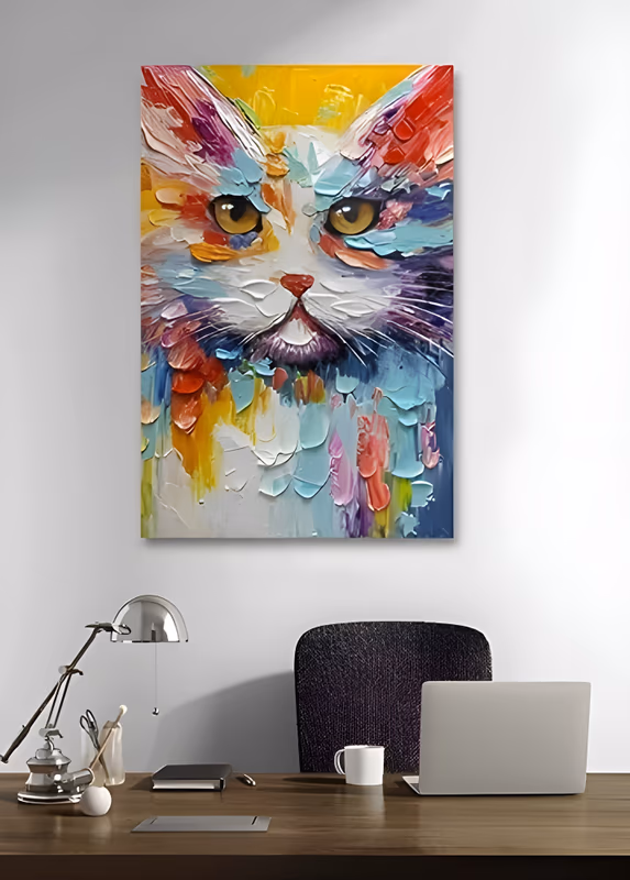 a large vertical palette-knife painting of a long-haired cat's face looking straight out, built from thick red, turquoise, purple and white strokes with amber eyes and a coral nose, on a yellow ground