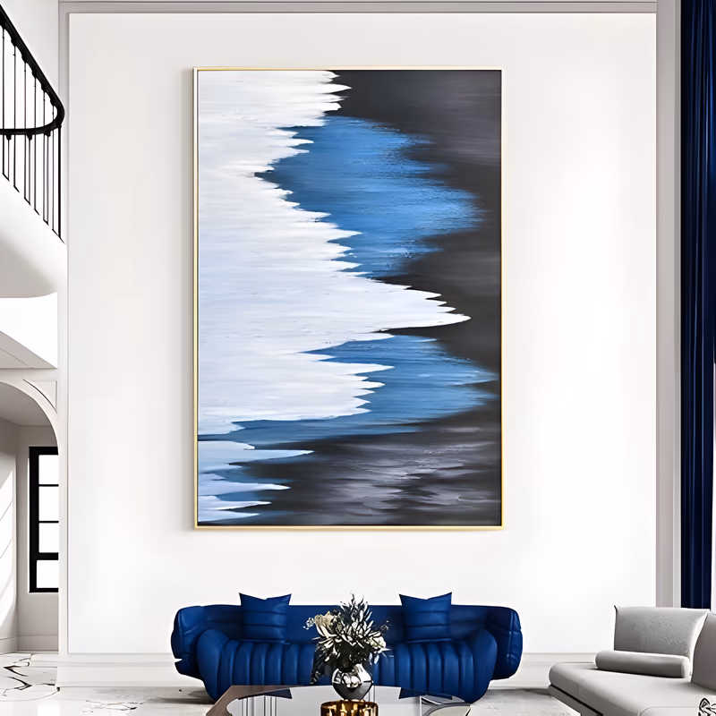a large vertical abstract painting of a jagged white edge running down the left side into bands of mid blue, charcoal and black, like surf meeting dark sand, in smooth brushed acrylic