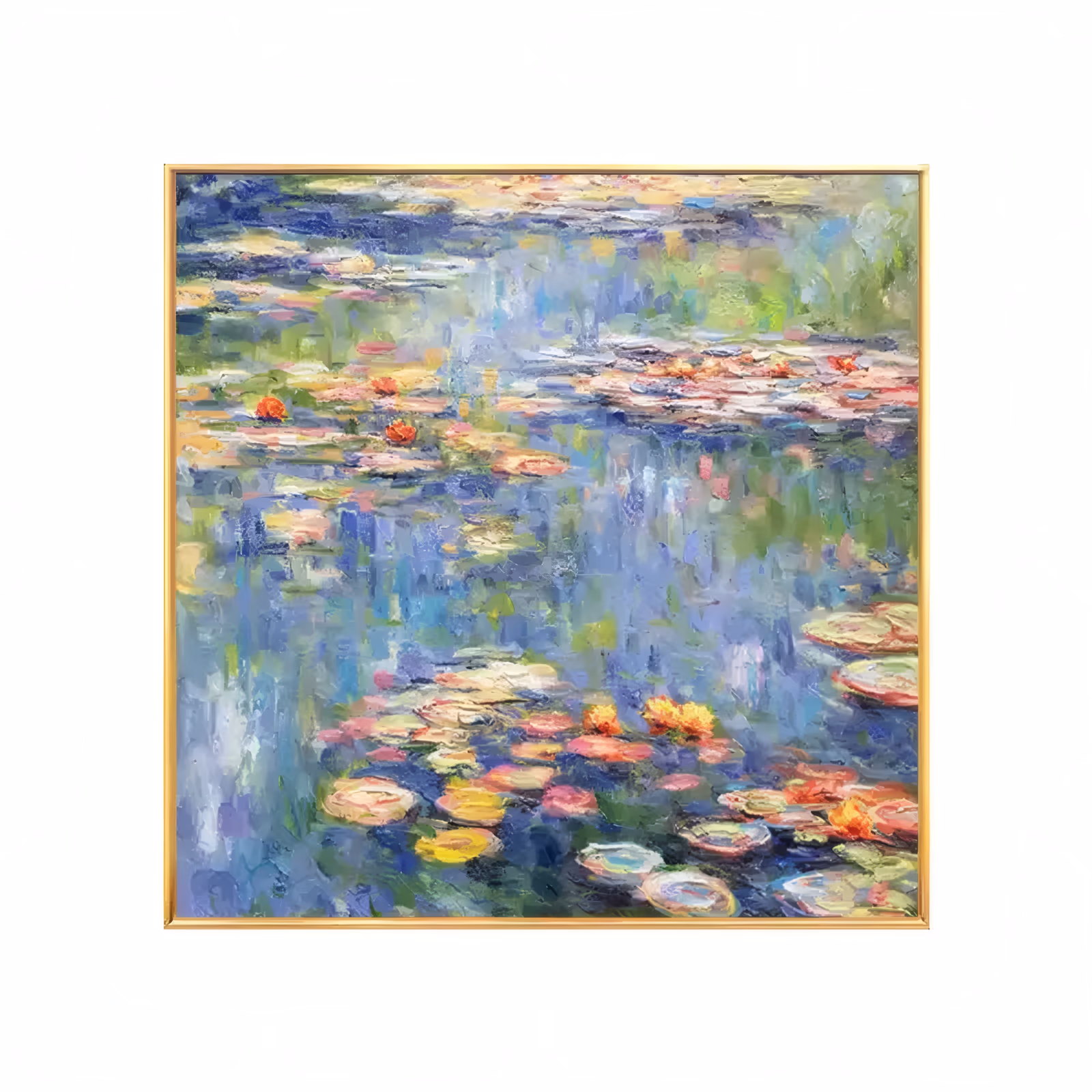a large square impressionist painting of a lily pond, rafts of pink cream and yellow lilies drifting on blue and lavender water with green reflections, built up in short loaded brushstrokes