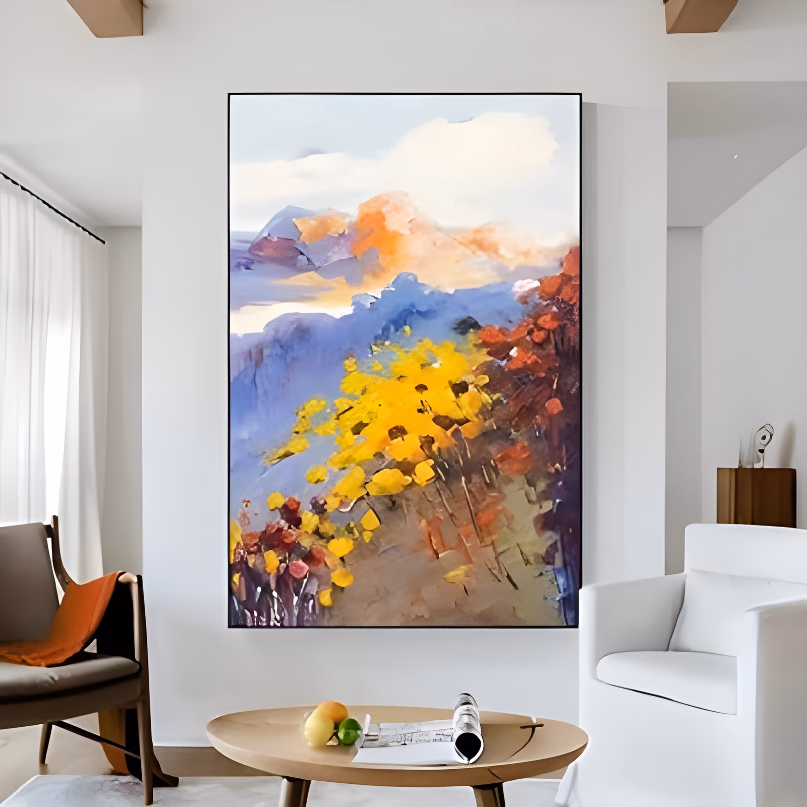 a large vertical impressionist painting of a hillside of yellow blooms and rust-red shrubs in the foreground, rising to lavender blue mountains and peach clouds above, in thick daubed acrylic