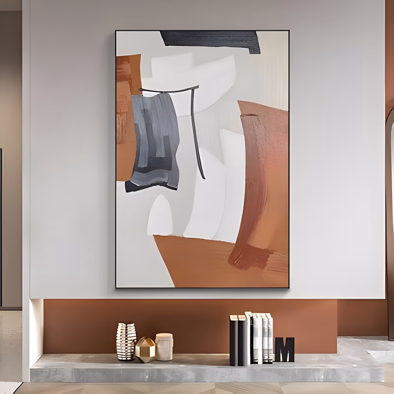 a large vertical abstract painting of broad terracotta and white shapes with a slate gray block on the left, a short black bar at the top and one thin black line hanging down the center, in matte acrylic