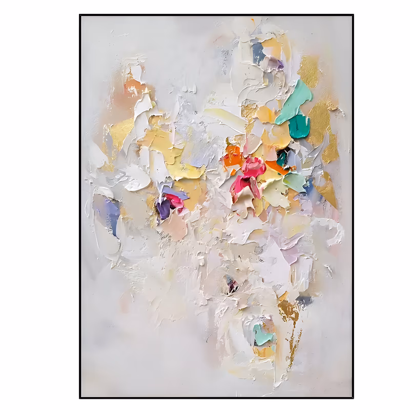a large vertical abstract painting of a loose blossom-like cluster of white, gold leaf, soft pink and mint knife strokes massed down the center of a pale gray ground, in thick palette-knife impasto