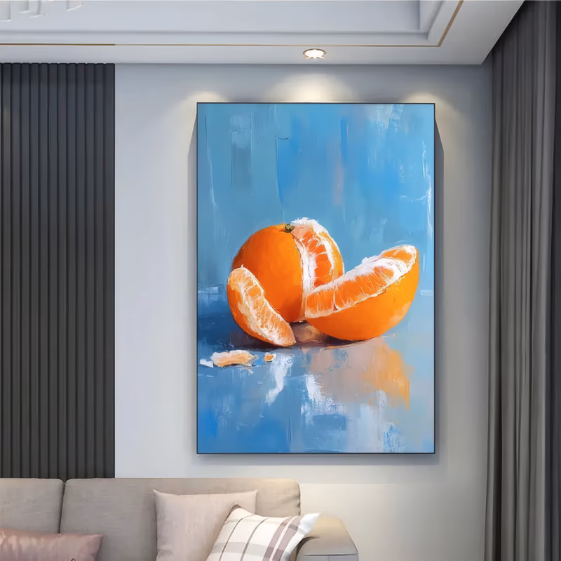 a large vertical still life painting of a peeled orange with loose segments beside a second half of fruit, sitting on a reflective pale blue surface with a streaked blue ground behind, built in thick palette-knife oil